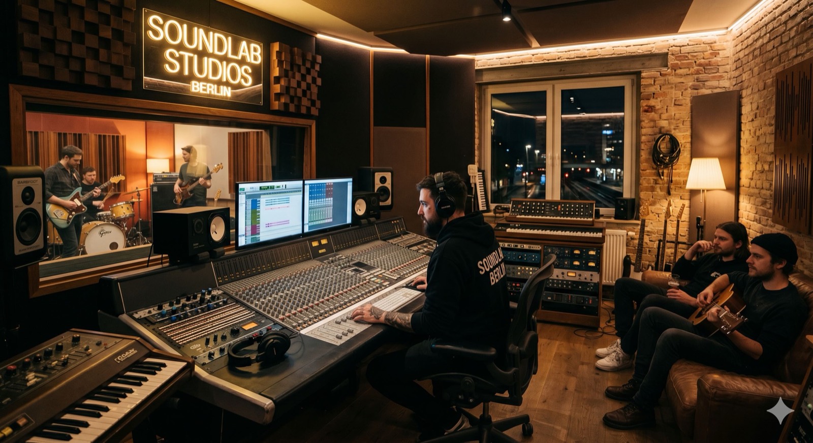 Regieraum von SoundLab Studios mit großer Mischkonsole und Team